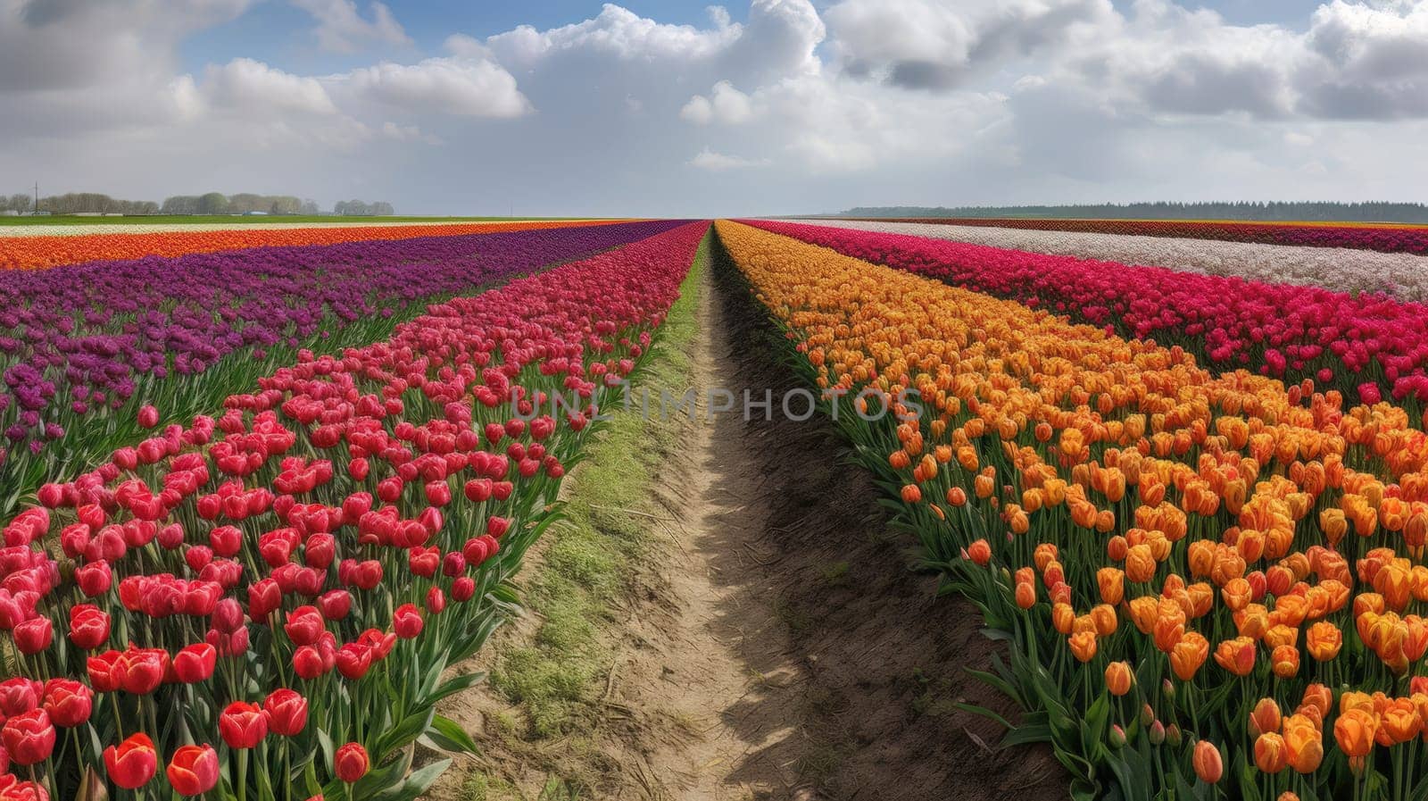 Colorful open field with beautiful tulips. Generative AI.