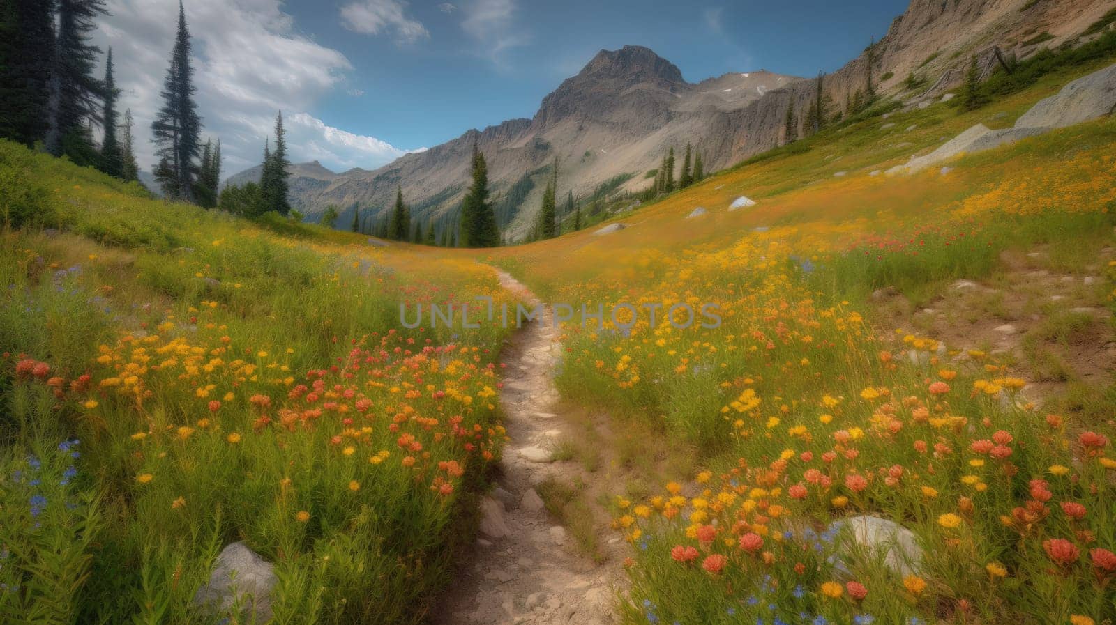 trail leading onto mountains with flowering meadows. Generative AI.