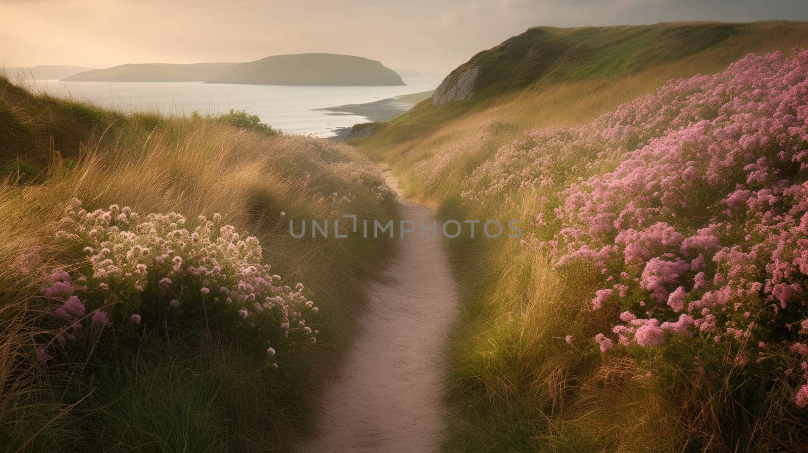 Shoreline covered in pink flowers by the sea. Generaitve AI by nateemee