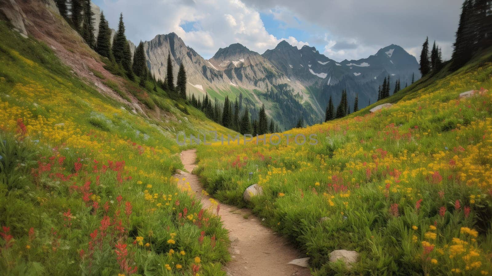 trail leading onto mountains with flowering meadows. Generative AI.