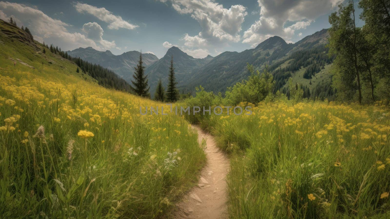 trail leading onto mountains with flowering meadows. Generative AI.