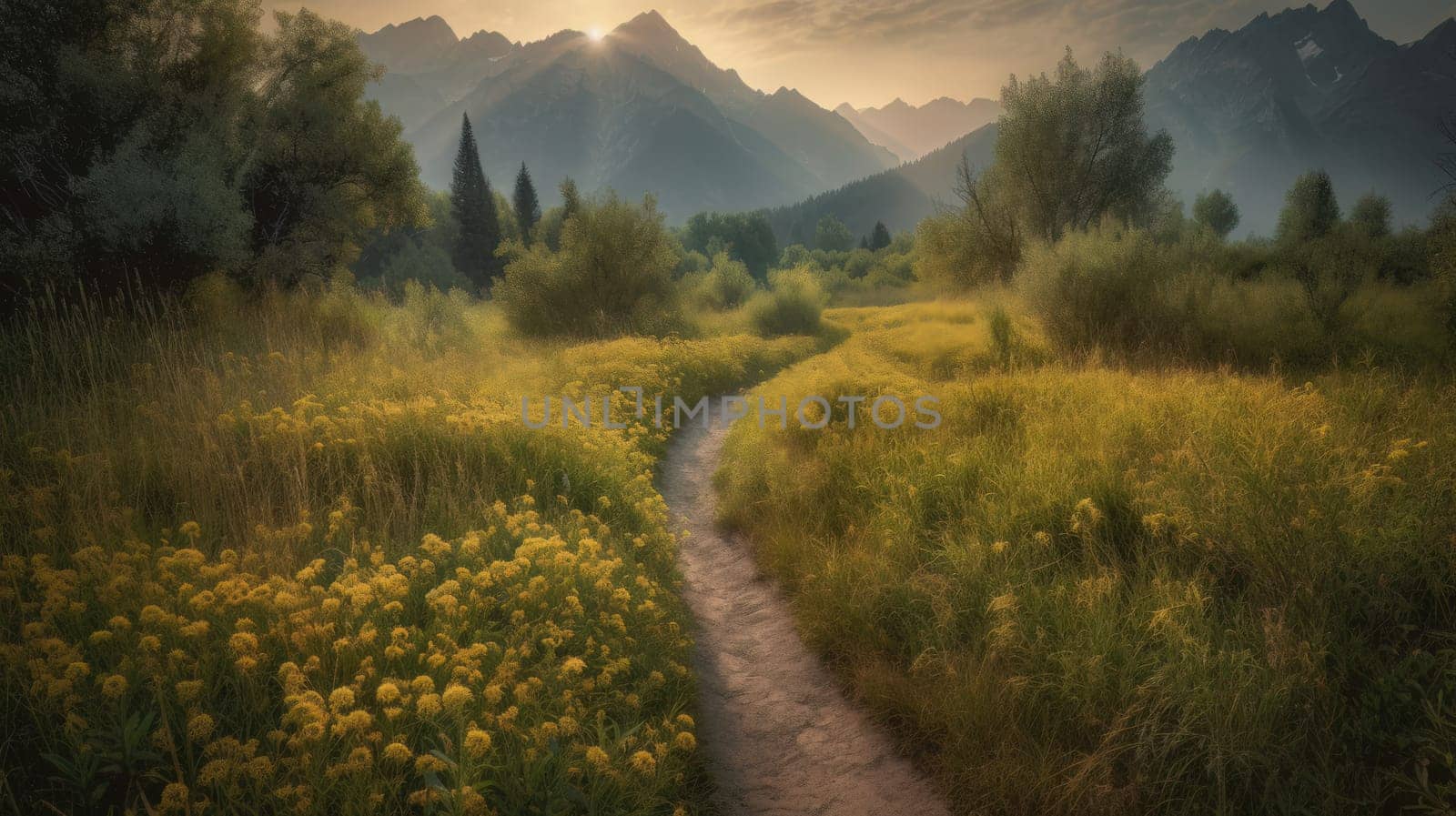 trail leading onto mountains with flowering meadows. Generative AI.