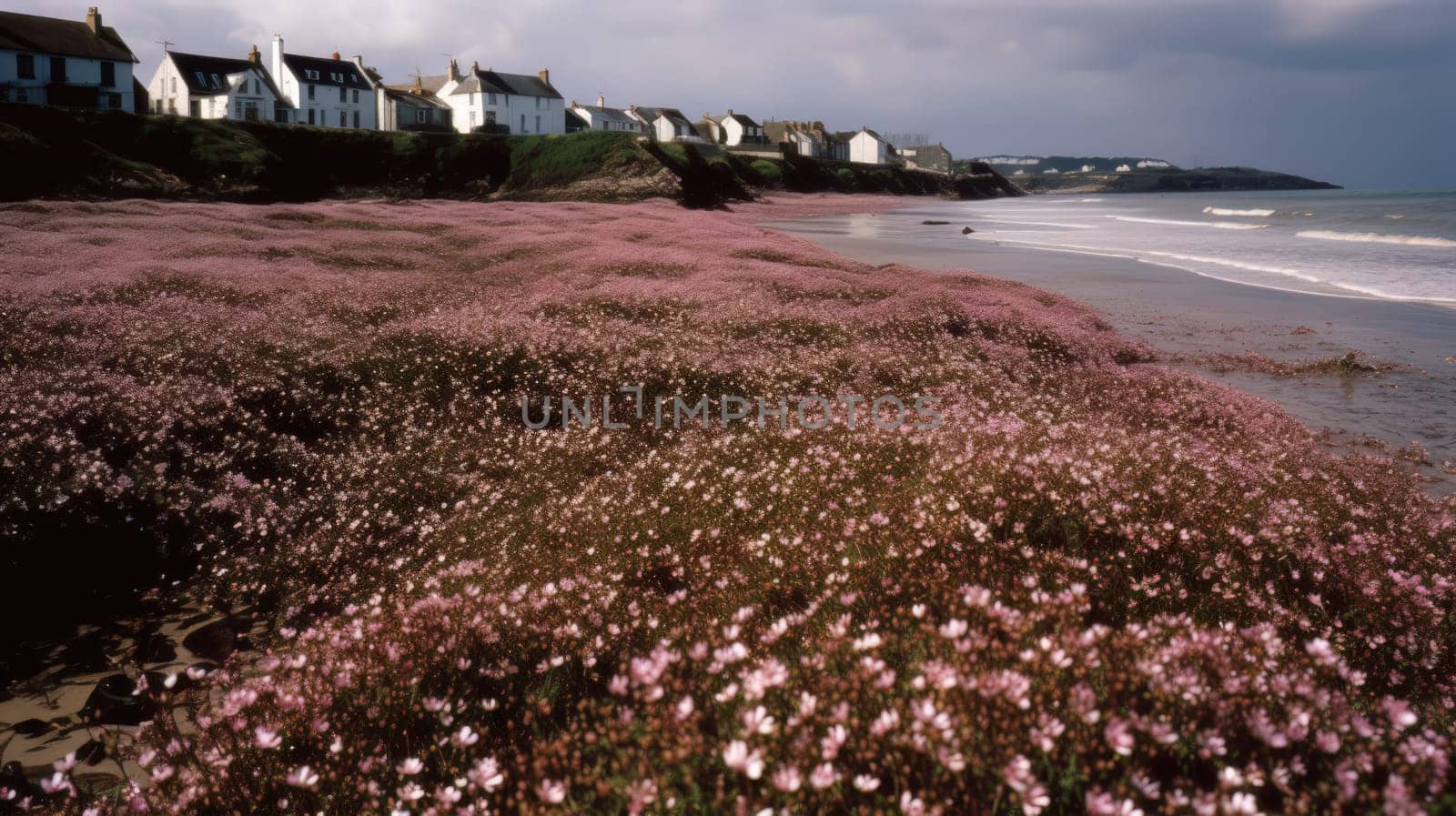 Shoreline covered in pink flowers by the sea. Generaitve AI by nateemee