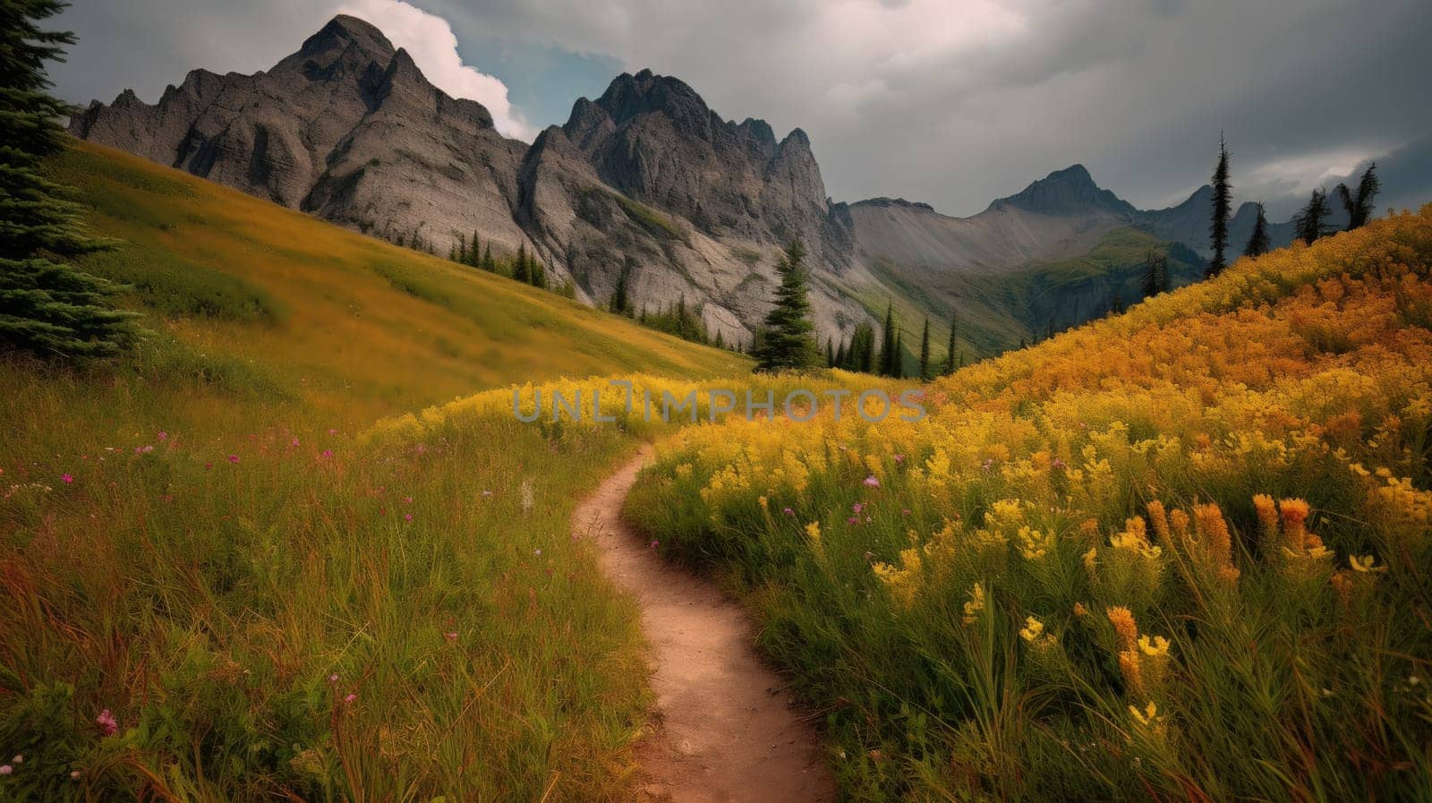 trail leading onto mountains with flowering meadows. Generative AI.