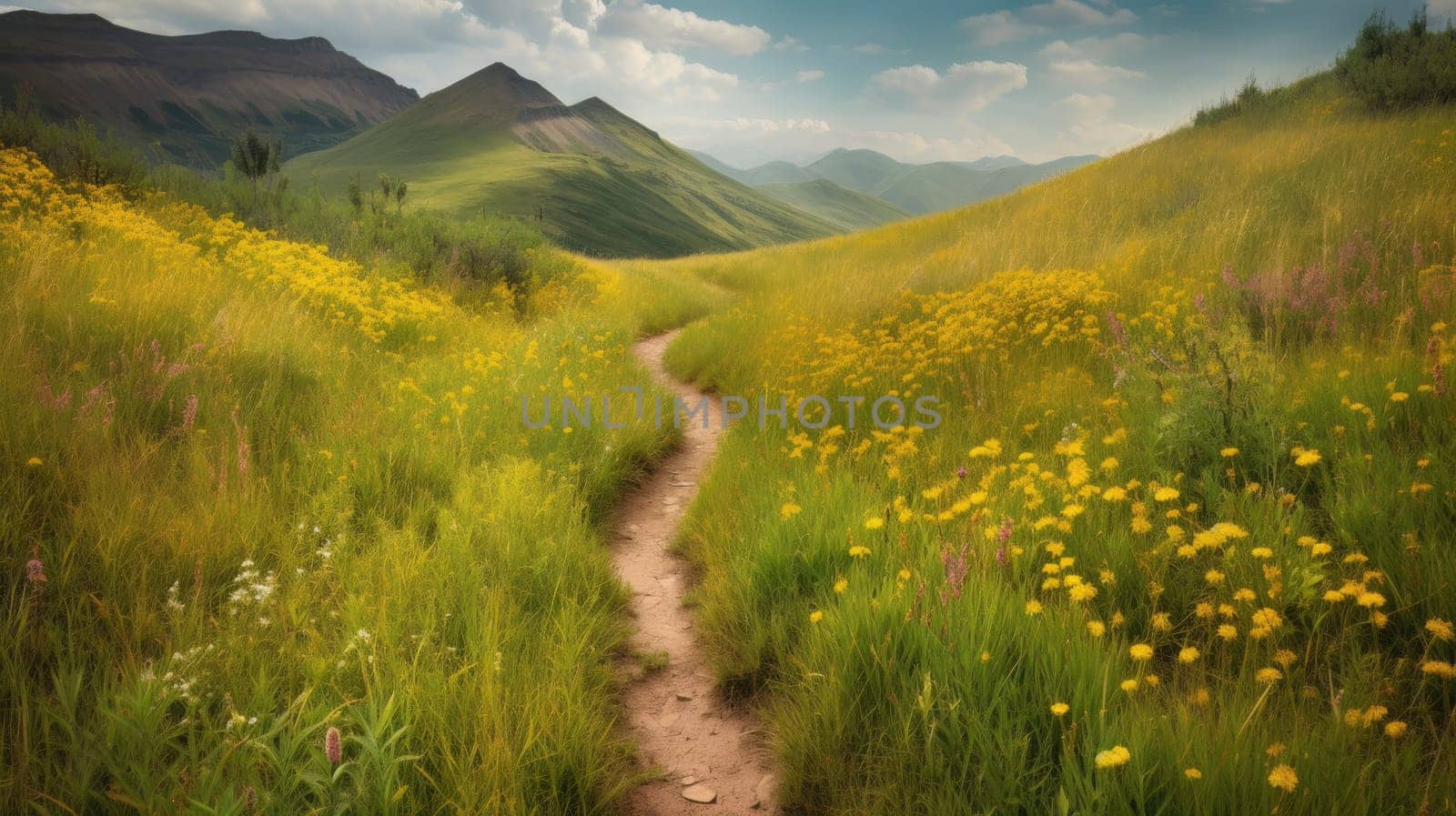 trail leading onto mountains with flowering meadows. Generative AI.