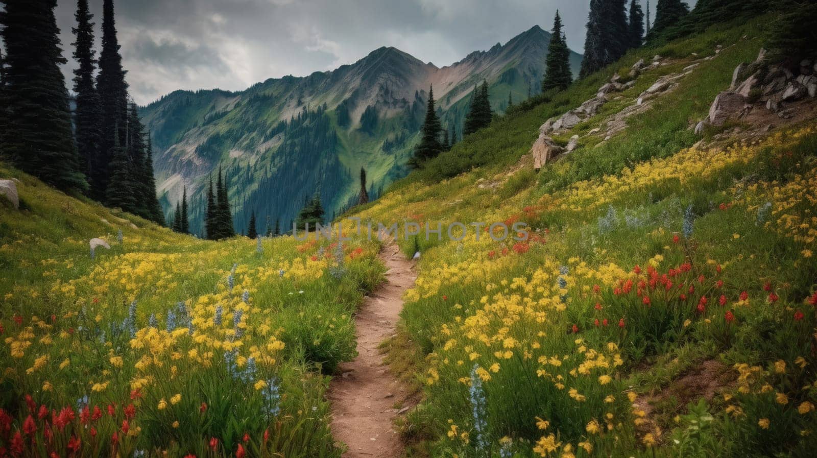 trail leading onto mountains with flowering meadows. Generative AI.