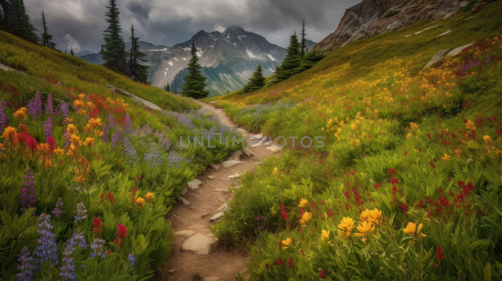 trail leading onto mountains with flowering meadows. Generative AI.