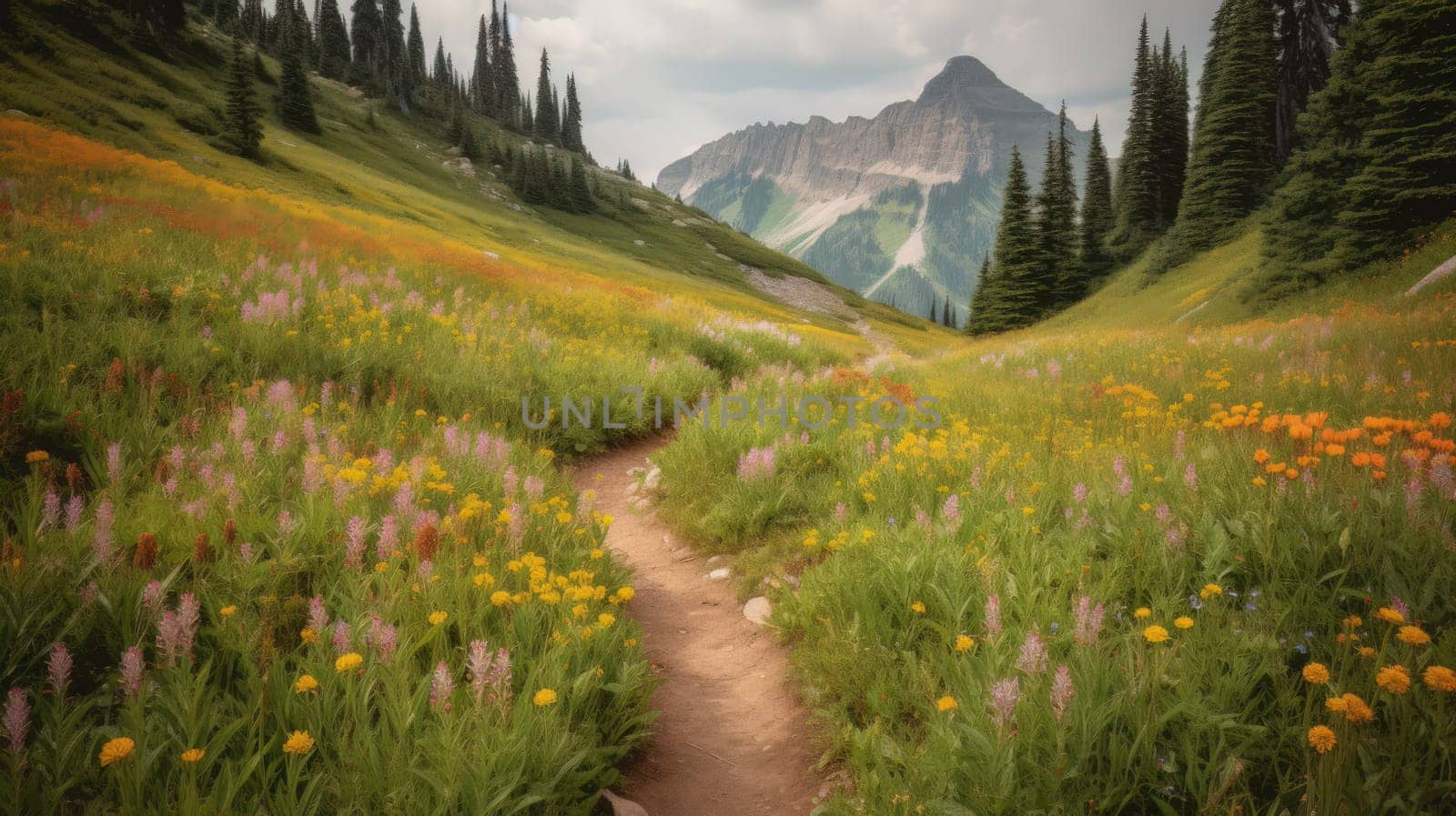 trail leading onto mountains with flowering meadows. Generative AI.