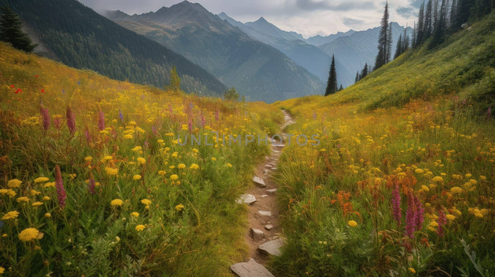 trail leading onto mountains with flowering meadows. Generative AI.