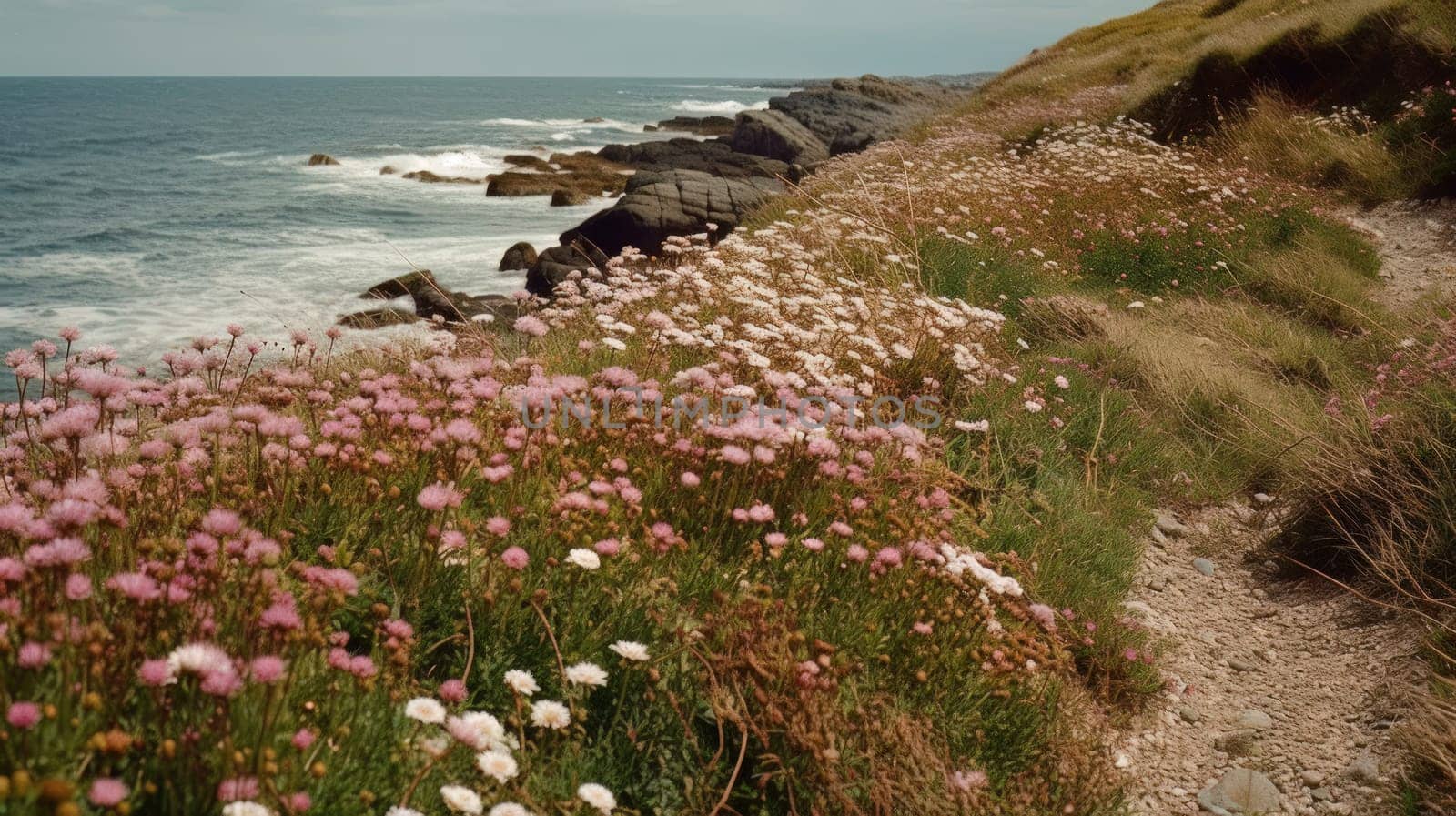 Shoreline covered in pink flowers by the sea. Generaitve AI.