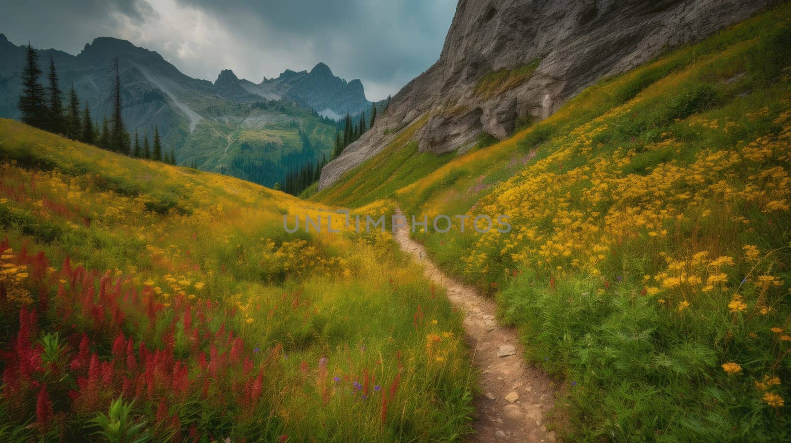 trail leading onto mountains with flowering meadows. Generative AI.