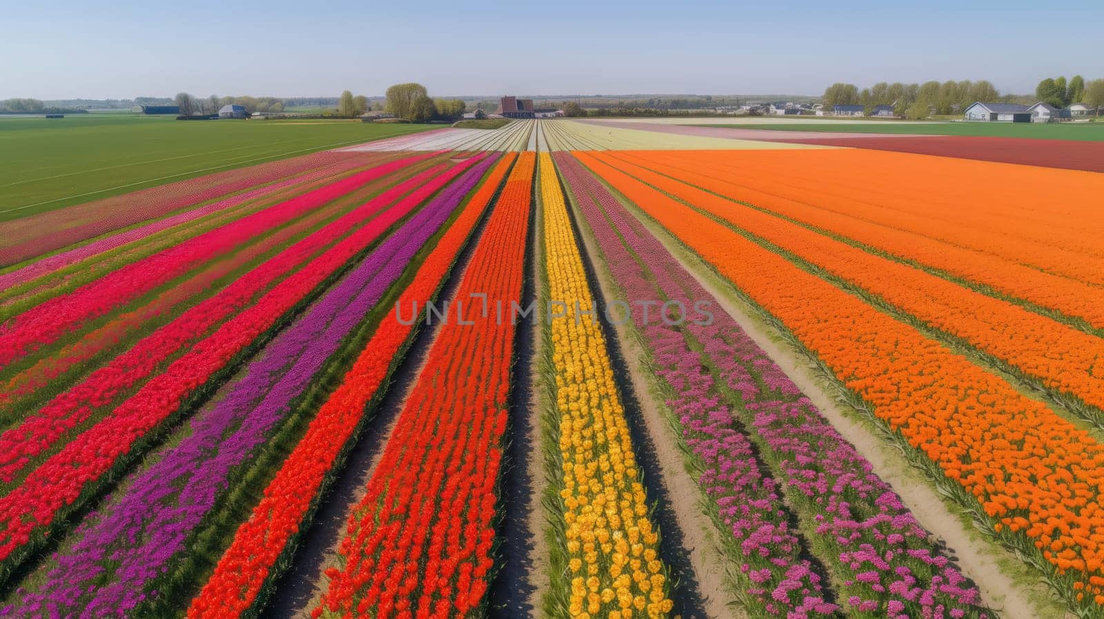 Colorful open field with beautiful tulips. Generative AI.