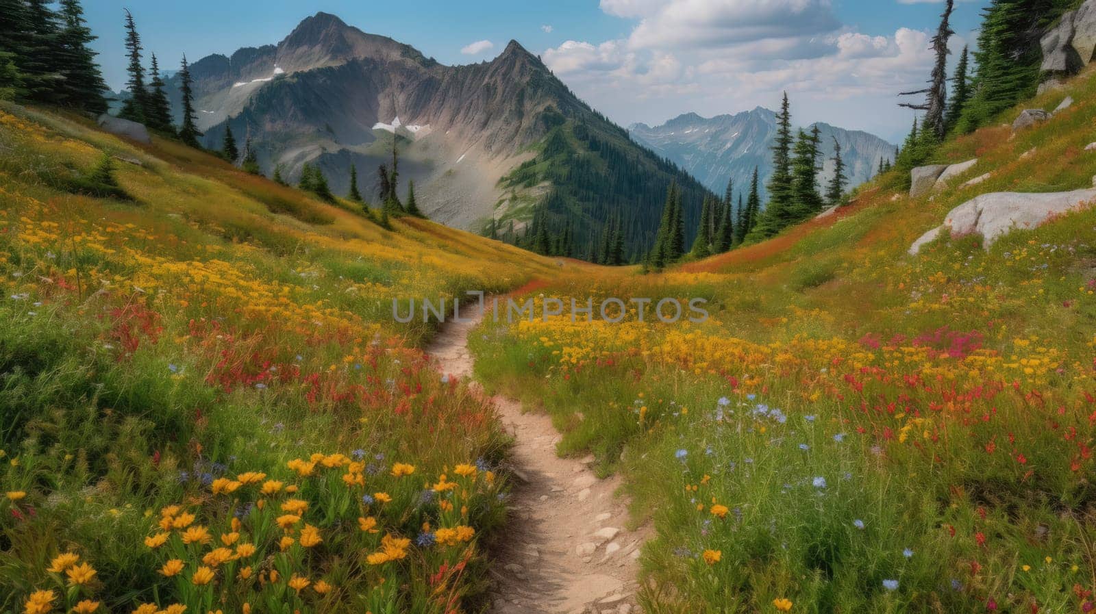 trail leading onto mountains with flowering meadows. Generative AI.