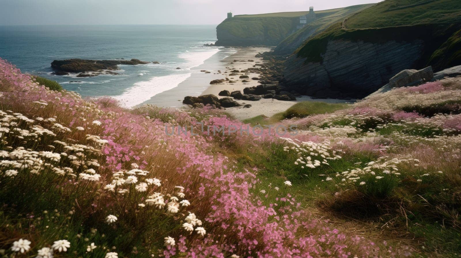 Shoreline covered in pink flowers by the sea. Generaitve AI by nateemee