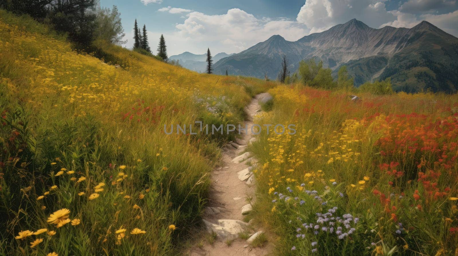 trail leading onto mountains with flowering meadows. Generative AI.