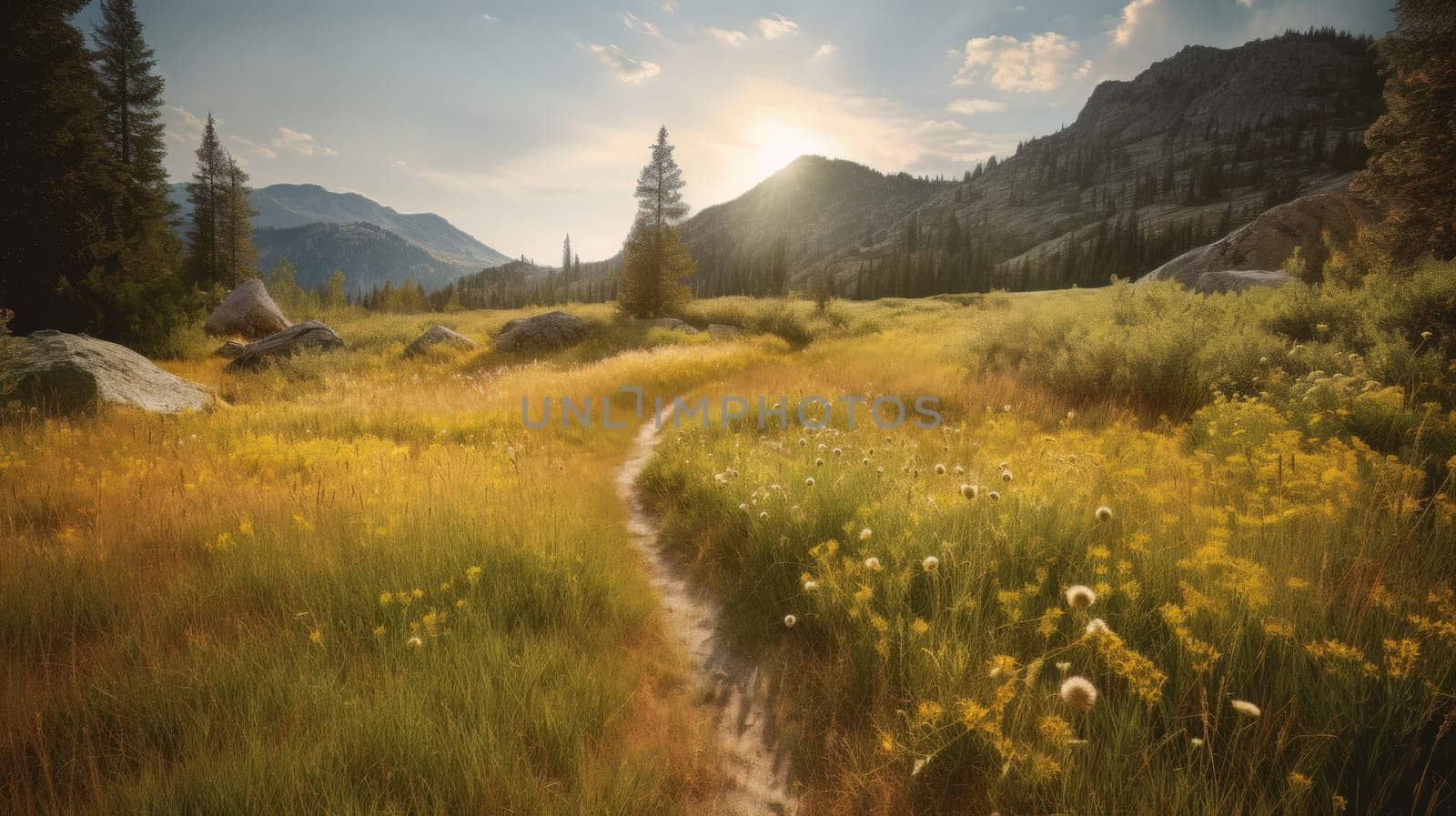 trail leading onto mountains with flowering meadows. Generative AI.