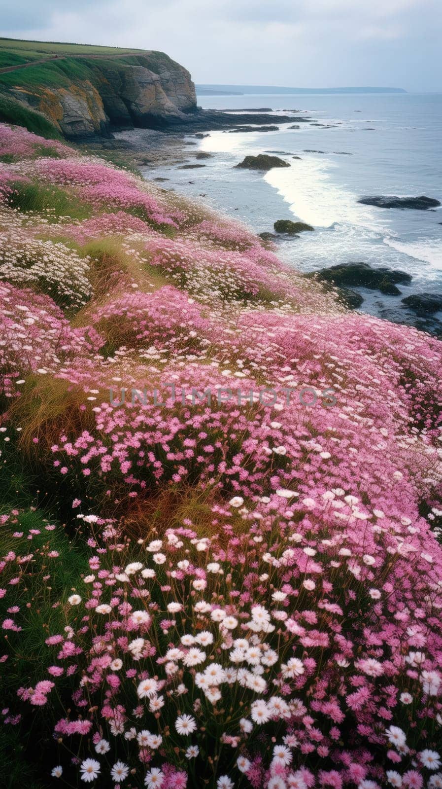 Shoreline covered in pink flowers by the sea. Generaitve AI