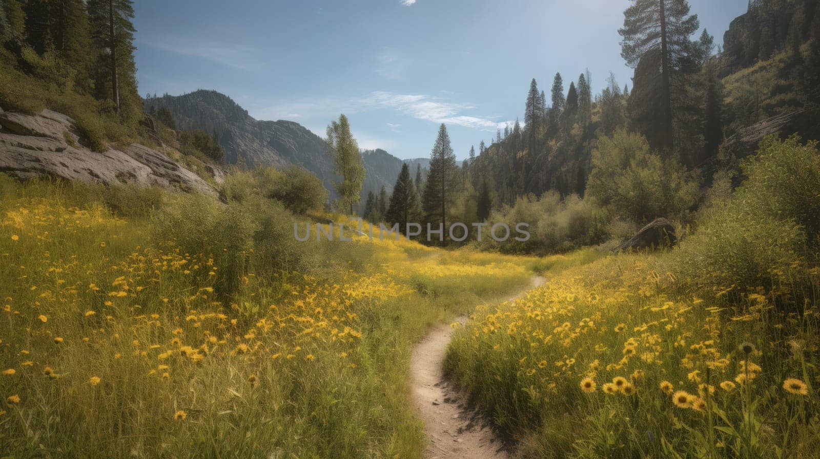 trail leading onto mountains with flowering meadows. Generative AI by nateemee