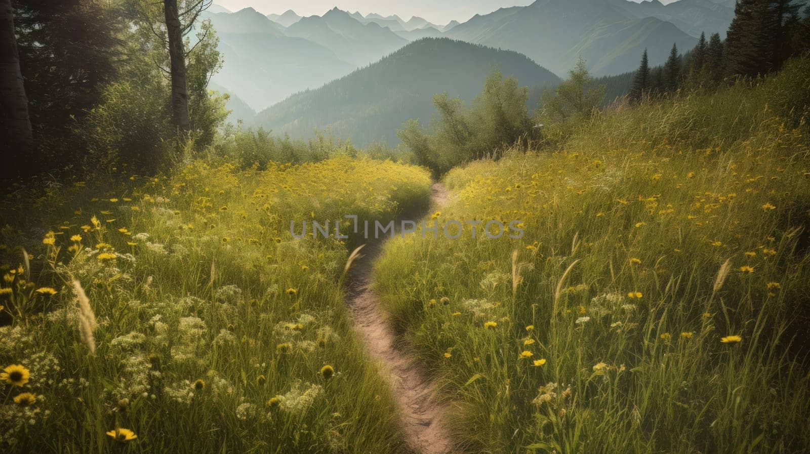 trail leading onto mountains with flowering meadows. Generative AI by nateemee