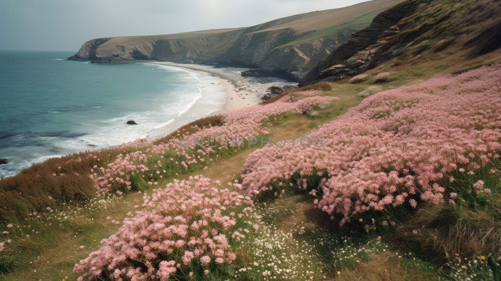 Shoreline covered in pink flowers by the sea. Generaitve AI by nateemee