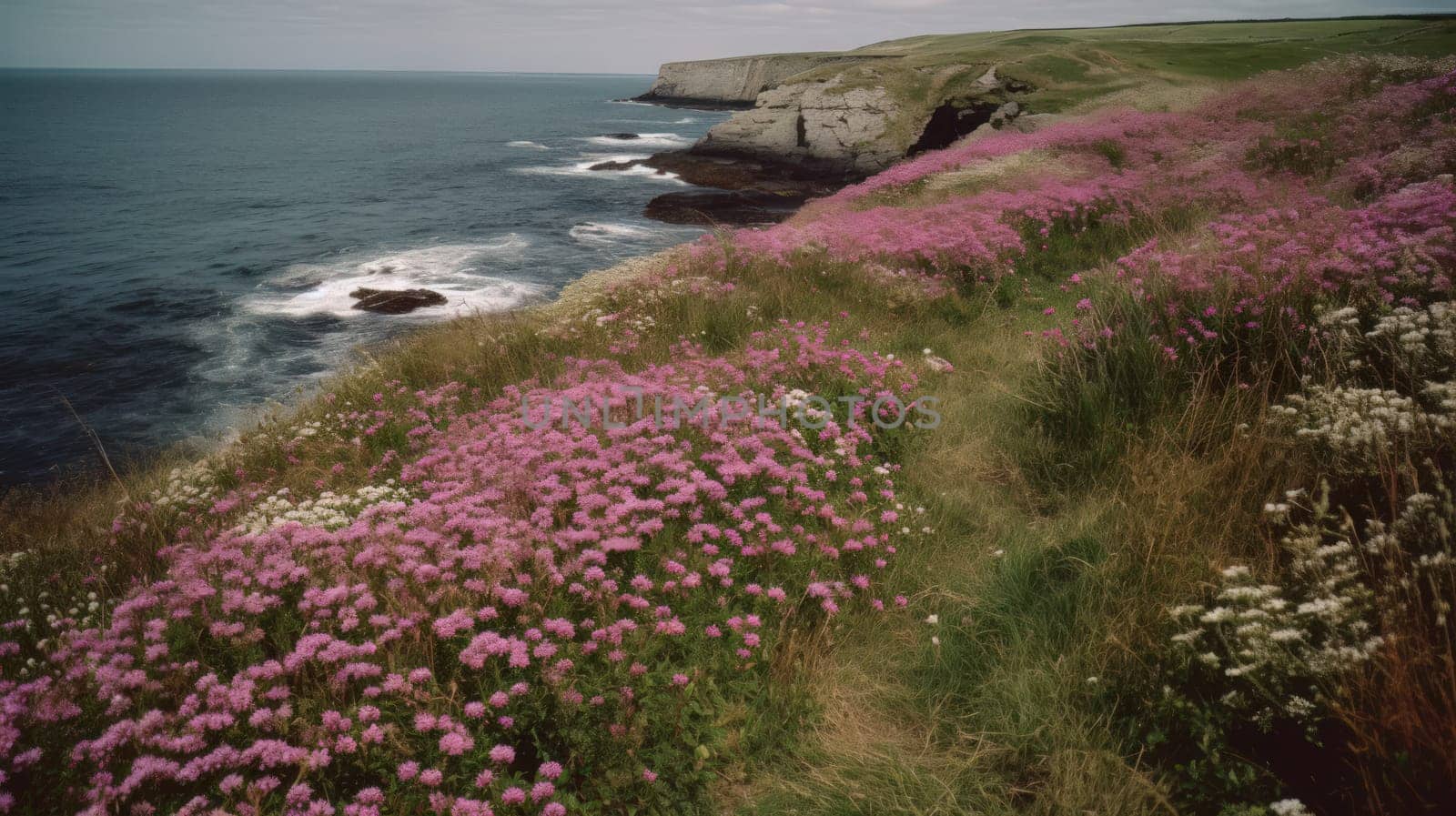 Shoreline covered in pink flowers by the sea. Generaitve AI by nateemee