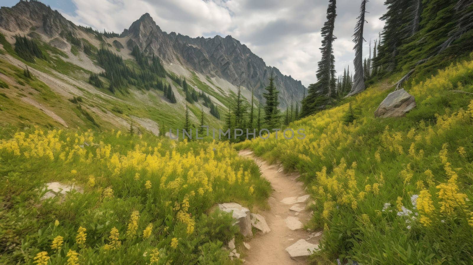 trail leading onto mountains with flowering meadows. Generative AI.