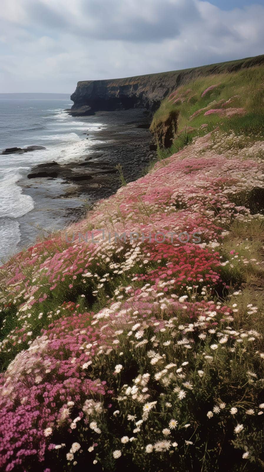 Shoreline covered in pink flowers by the sea. Generaitve AI.