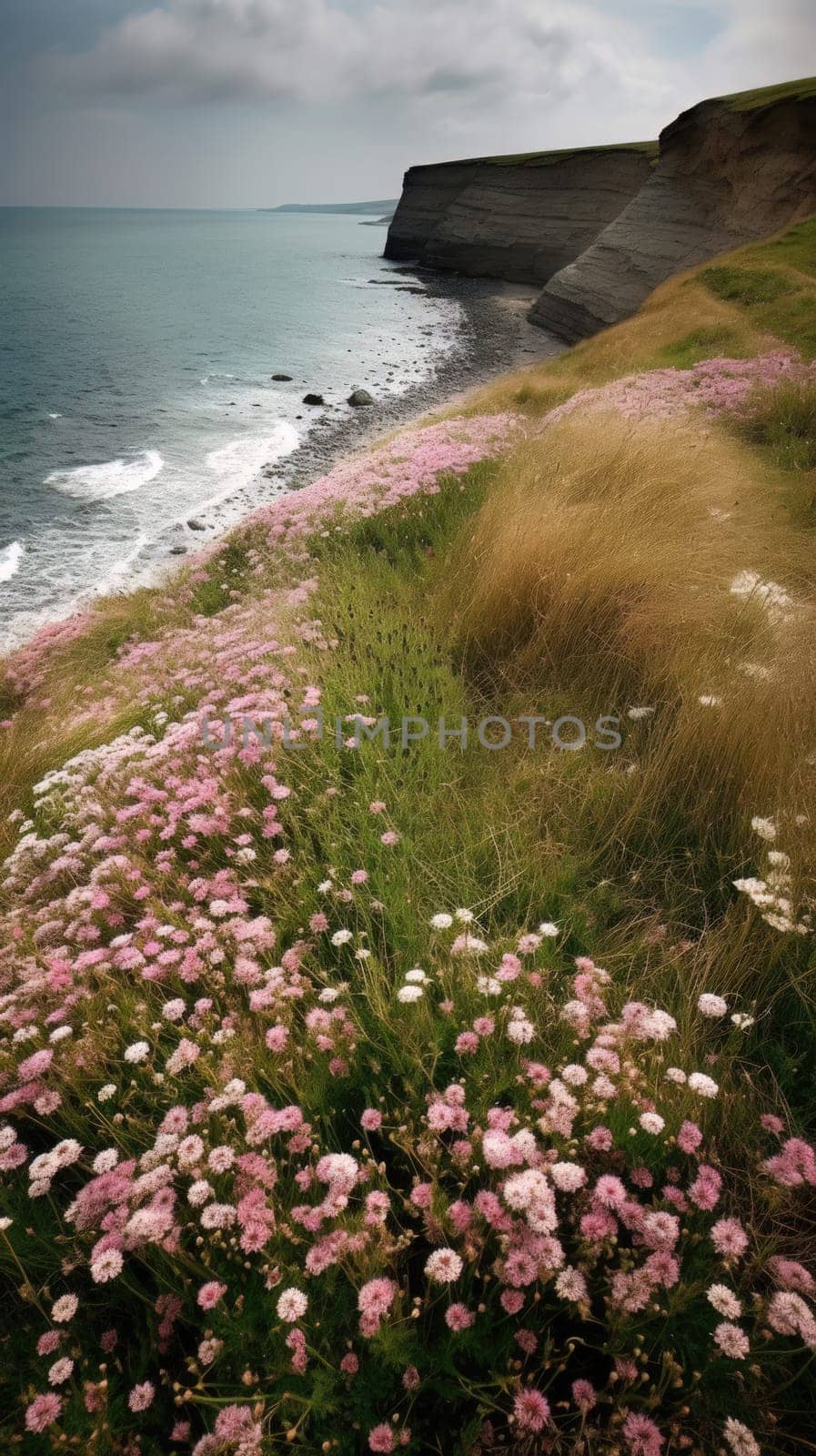 Shoreline covered in pink flowers by the sea. Generaitve AI. by nateemee