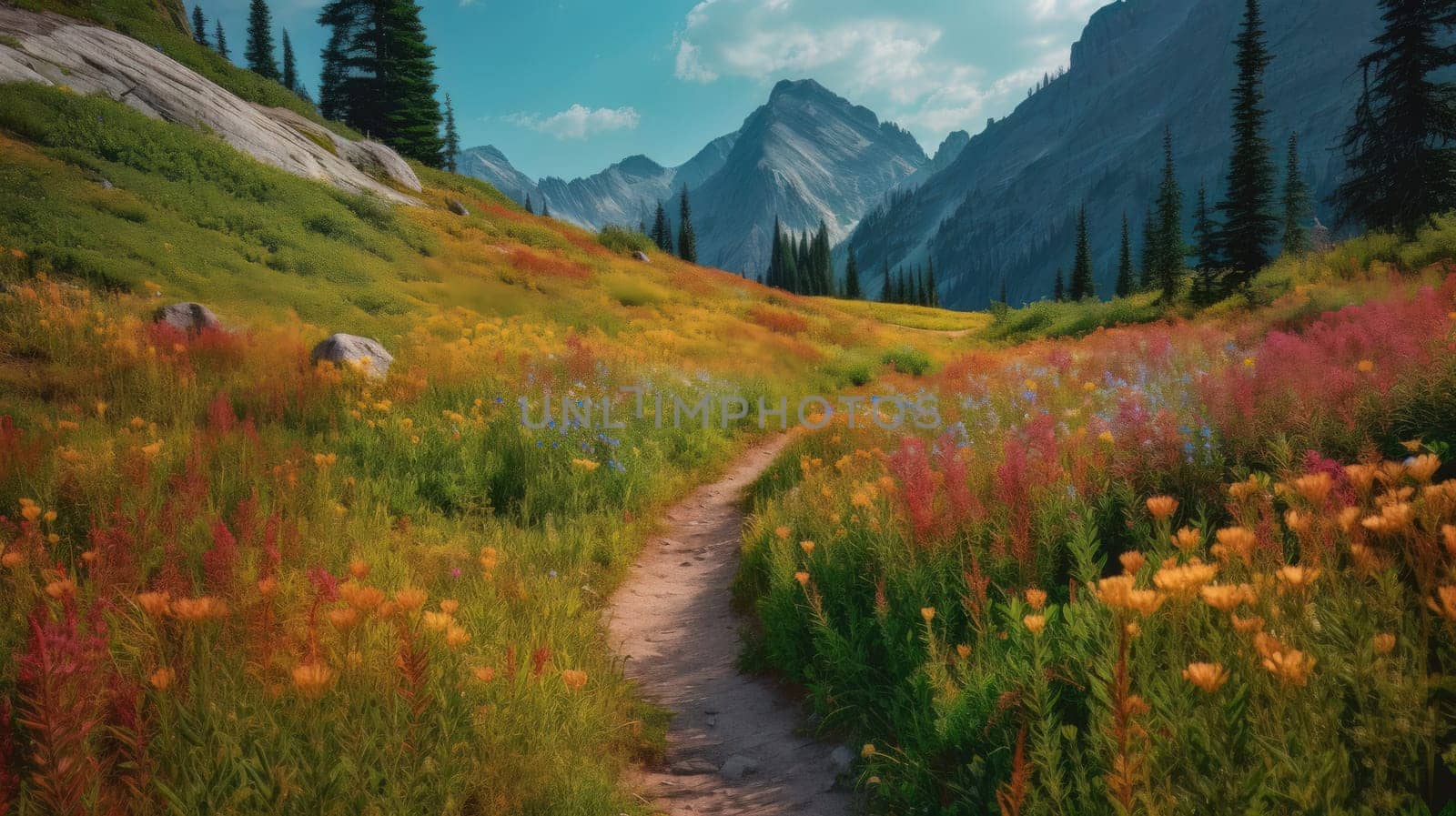 trail leading onto mountains with flowering meadows. Generative AI by nateemee