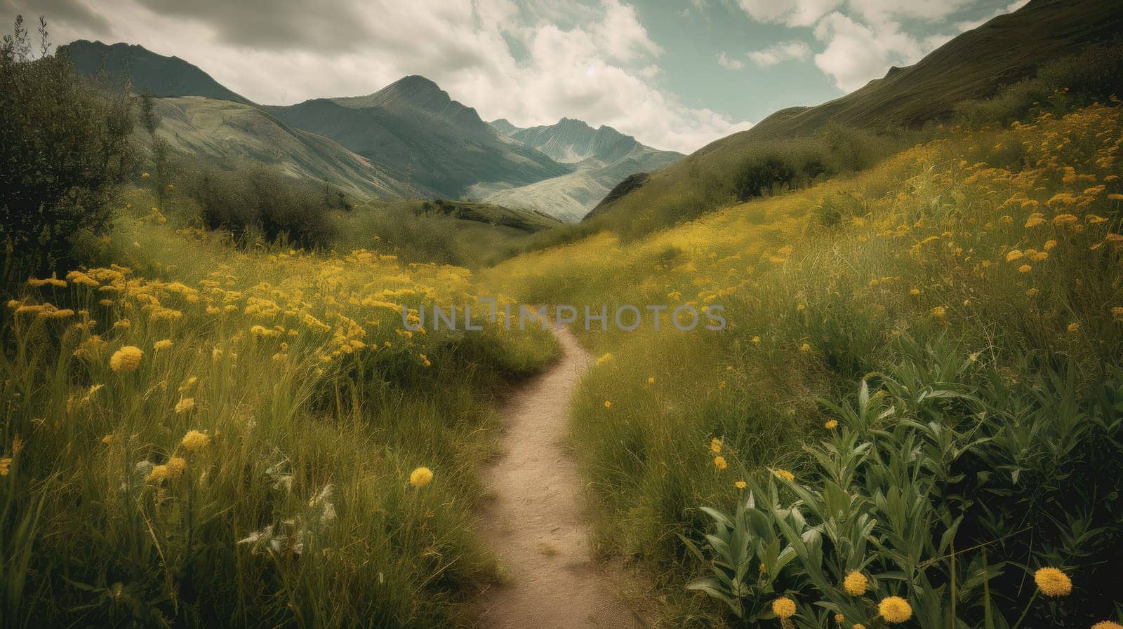 trail leading onto mountains with flowering meadows. Generative AI by nateemee