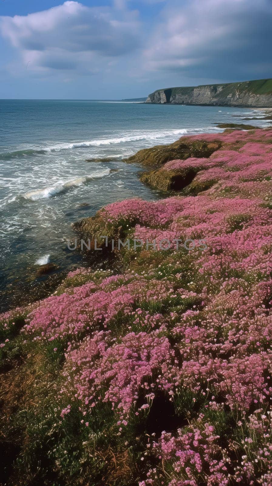 Shoreline covered in pink flowers by the sea. Generaitve AI