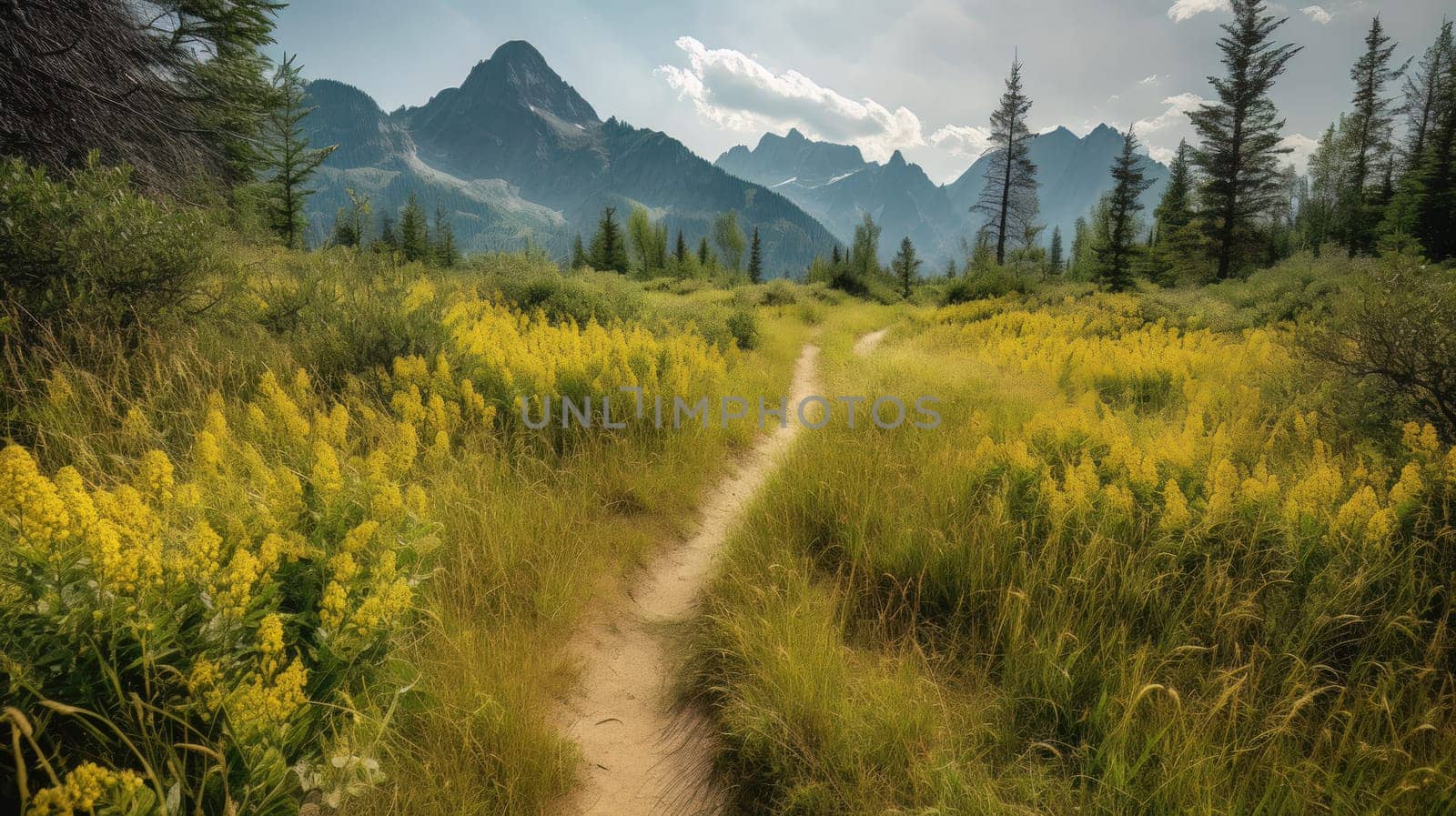 trail leading onto mountains with flowering meadows. Generative AI.