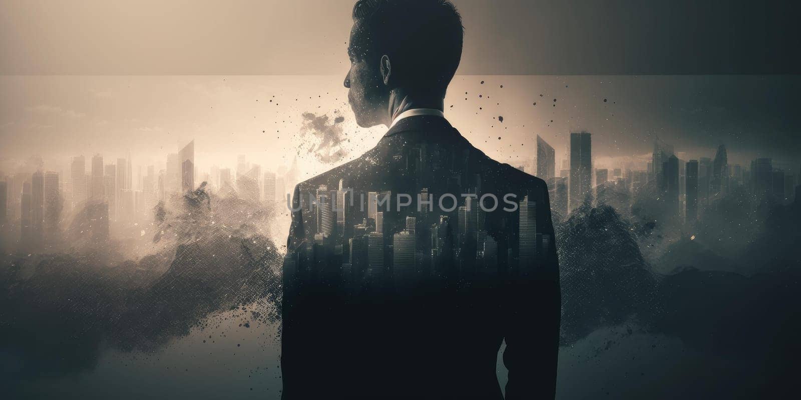 Double exposure image of business man standing back view with cityscape. superlative generative AI image.