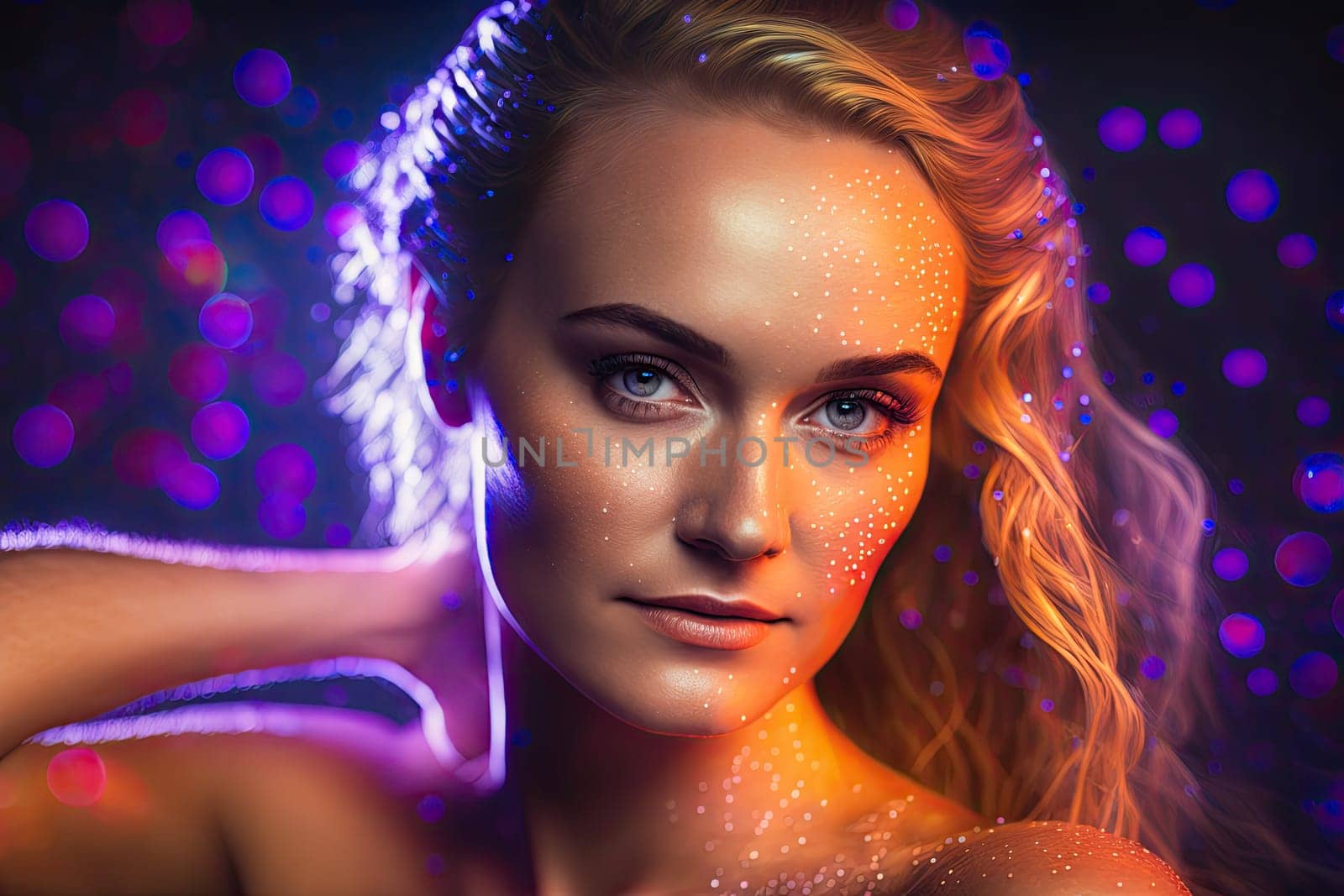 Glowing beautiful face with glittering make up on girl in hyper realistic details reflecting in neon light. Concept of artistic beauty on widespread on diamond dust background. Glorious generative AI.