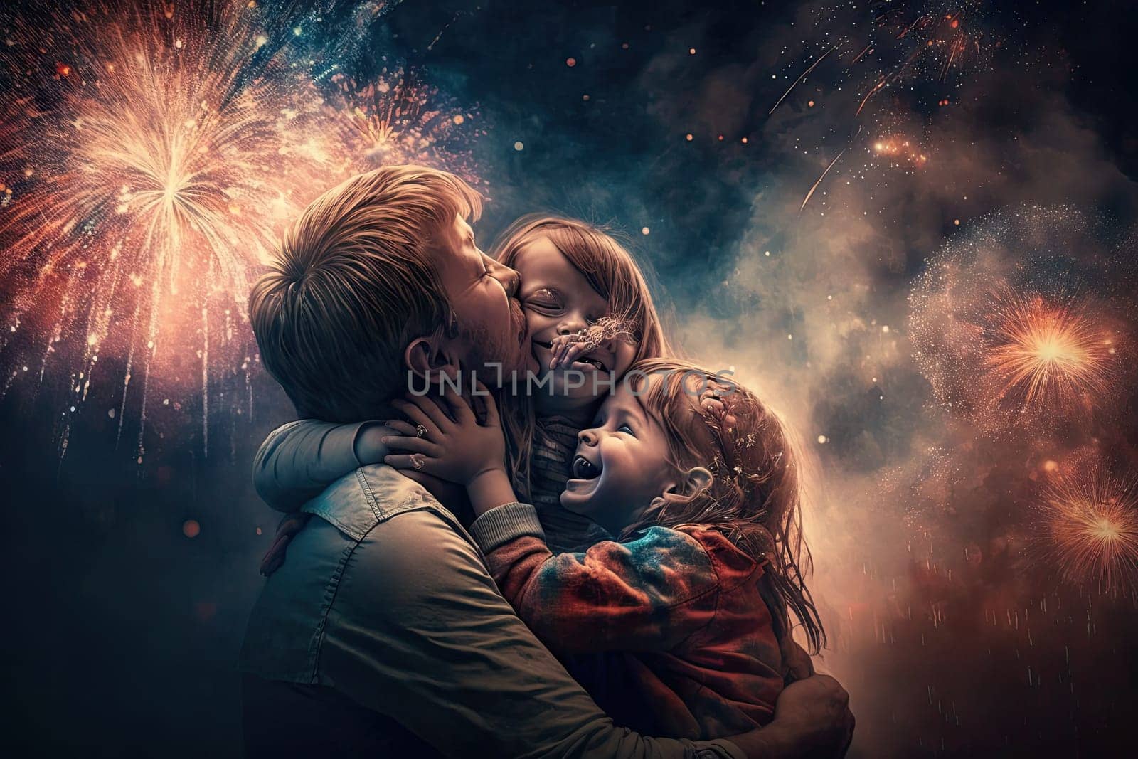 hugging happiness family while fireworks coloring the sky by biancoblue