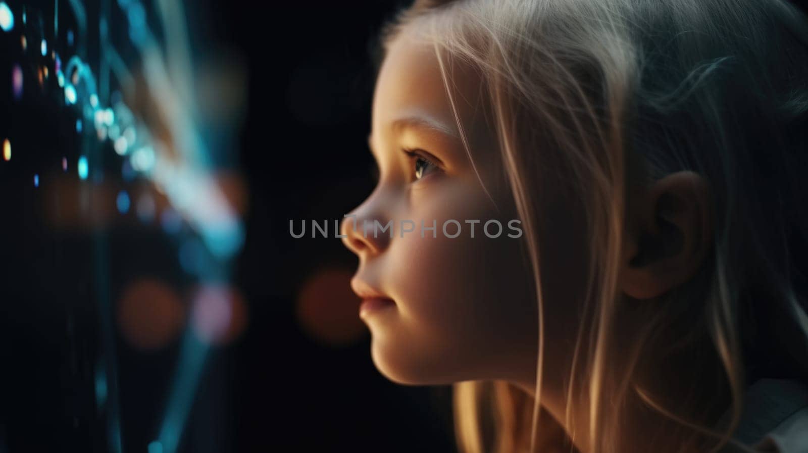 The little blonde girl wondering at holographic and futuristic technology with sharpened and grainy detail. Generative AI AIG21. by biancoblue