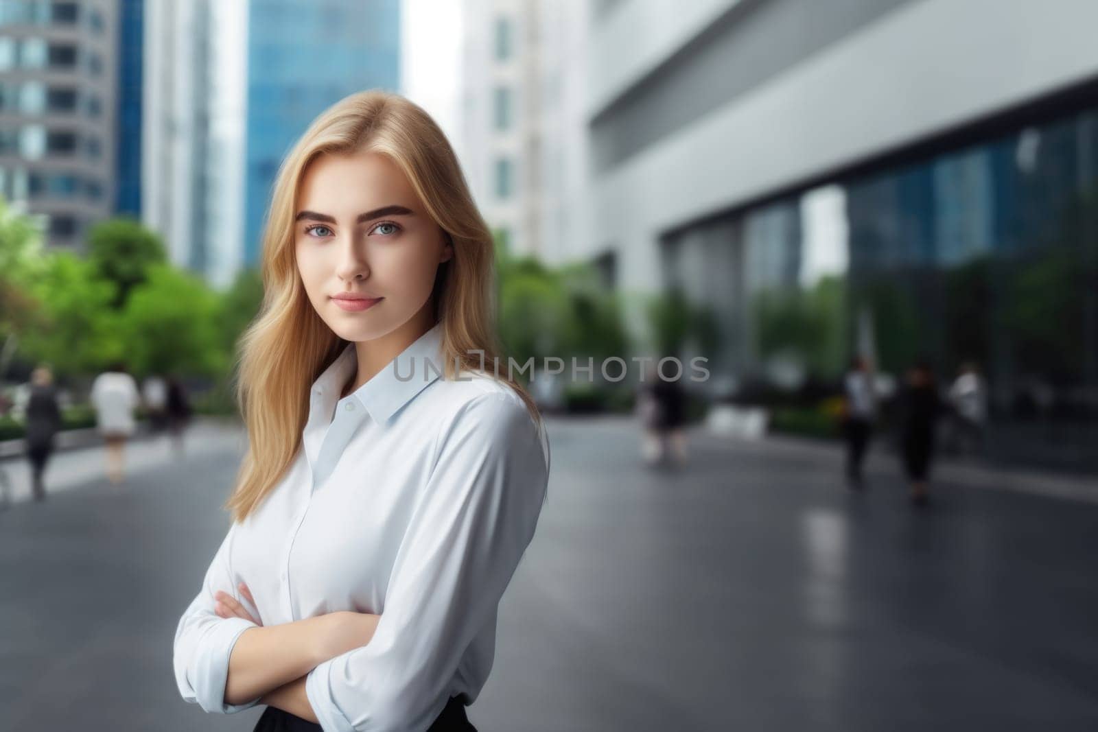 Young shy blonde girl in business attire, standing in busy office. Generative AI AIG20. by biancoblue