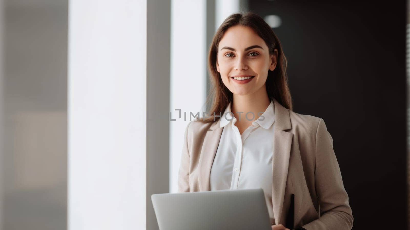 Ambitious and positive businesswoman, smiling face, holding laptop, standing in office. Generative AI AIG20.