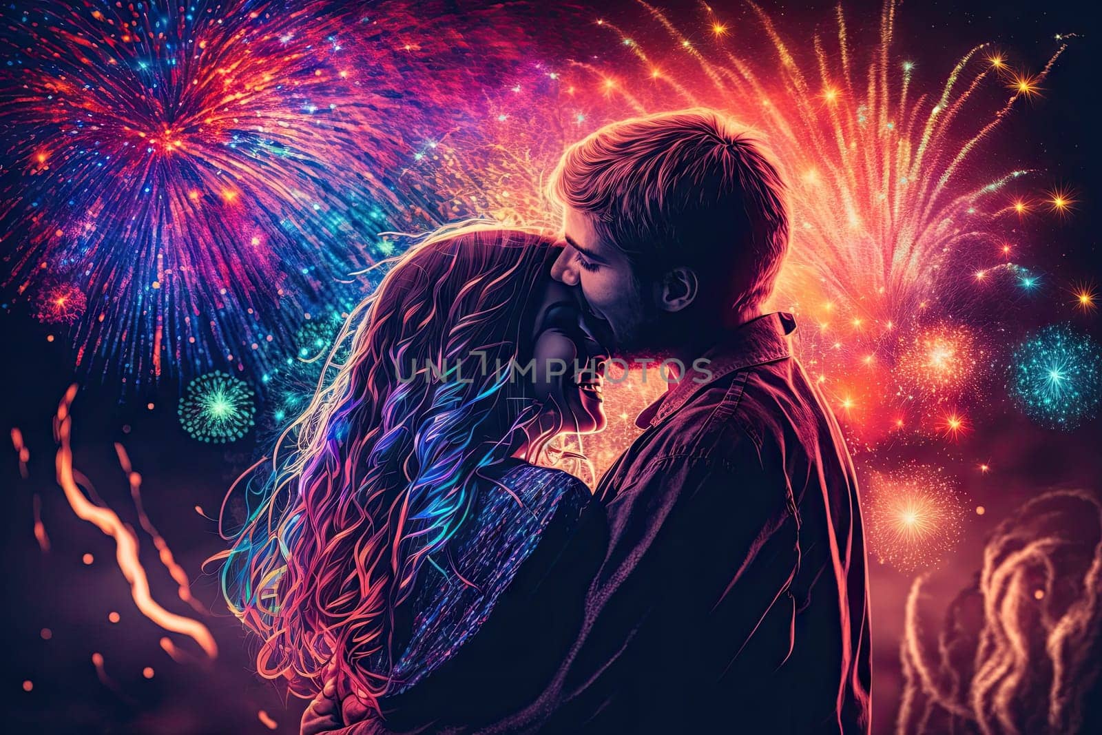 hugging happiness young couple while fireworks coloring the sky. Glorious Generative AI.