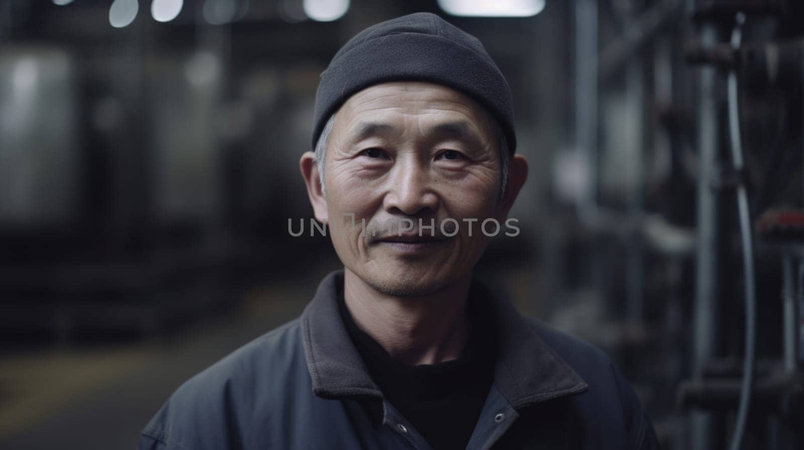 A smiling senior Chinese male factory worker standing in oil refinery plant. Generative AI AIG19.