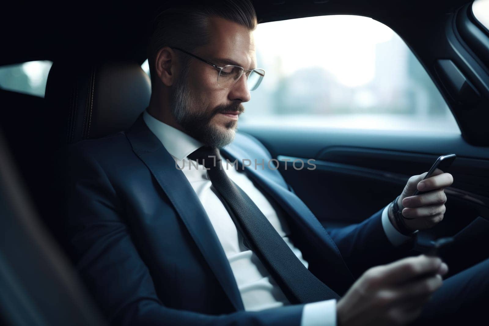 Executive businessman sitting in car with mobile phone. Generative AI AIG20.