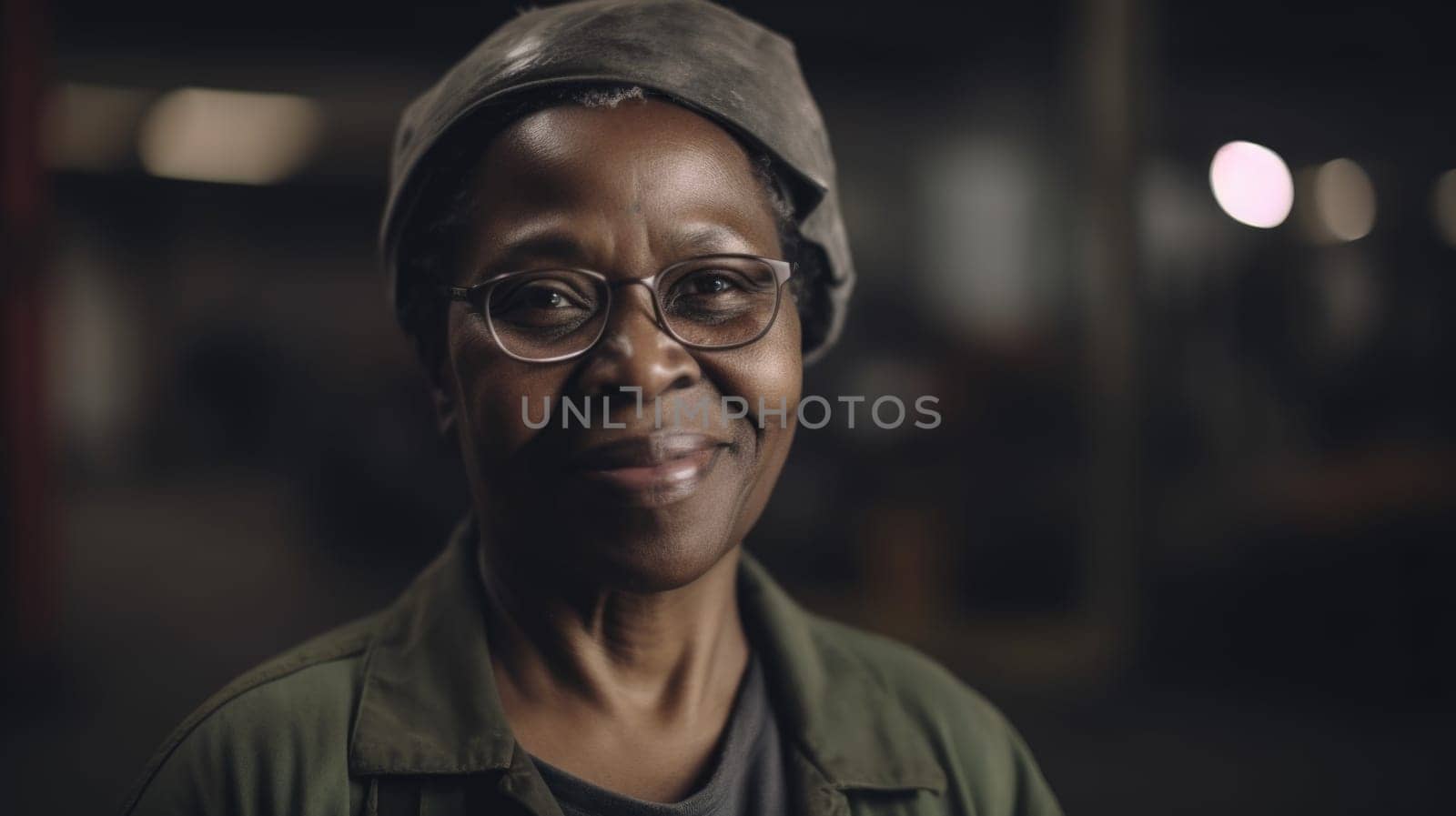 A smiling senior African female factory worker standing in metal sheet factory. Generative AI AIG19.