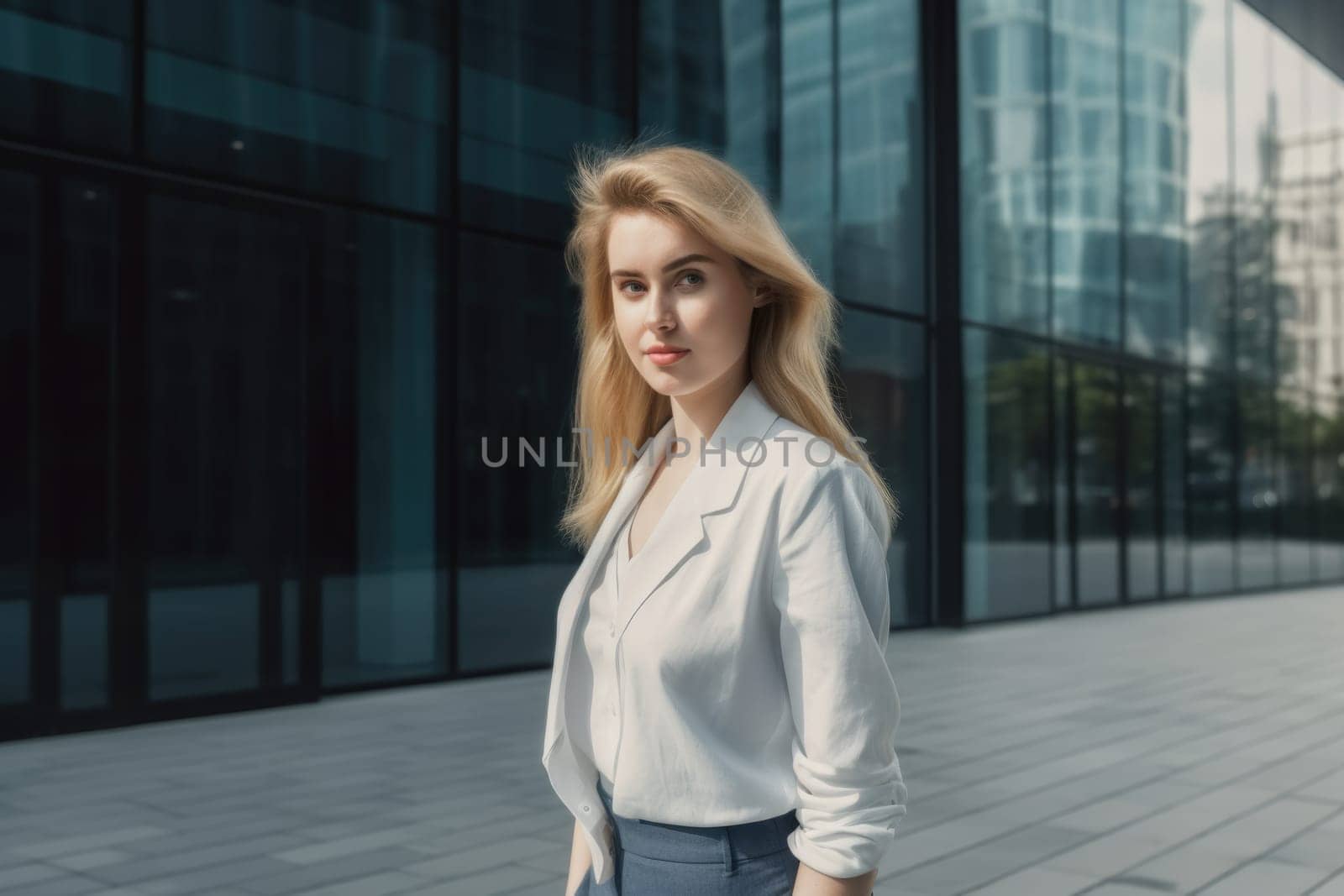 Young shy blonde girl in business attire, standing in front of modern office building. Generative AI AIG20. by biancoblue