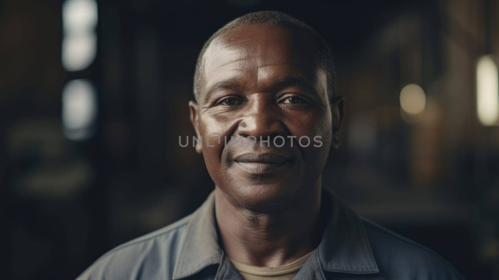 A smiling senior African male factory worker standing in metal sheet factory. Generative AI AIG19.
