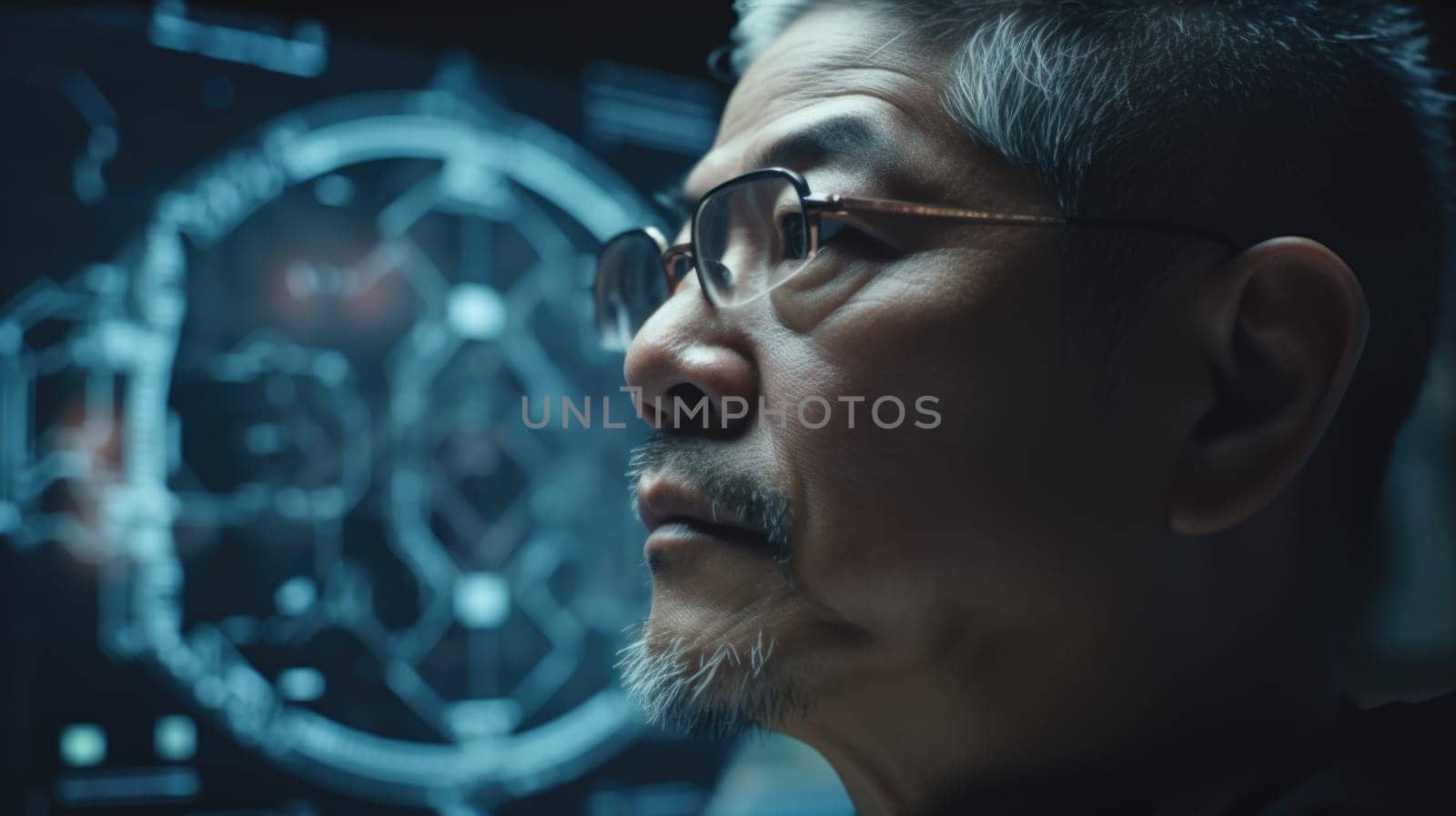 Mature asian male with wonder, curiosity, looking at holographic digital display, futuristic technology, innovation. Generative AI AIG20. by biancoblue