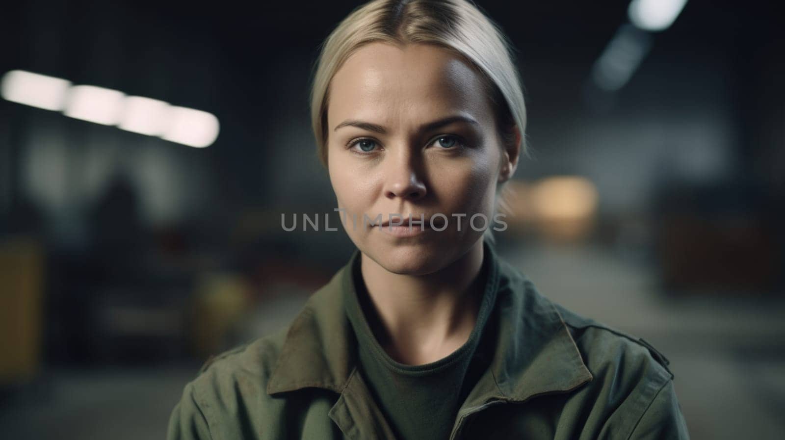 A smiling Swedish female factory worker standing in metal sheet factory. Generative AI AIG19.