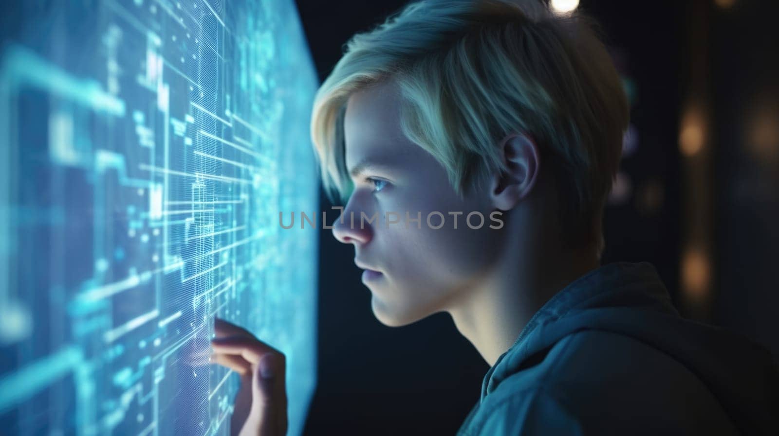 Young blonde male with wonder, curiosity, looking at holographic digital display, futuristic technology, innovation. Generative AI AIG20. by biancoblue