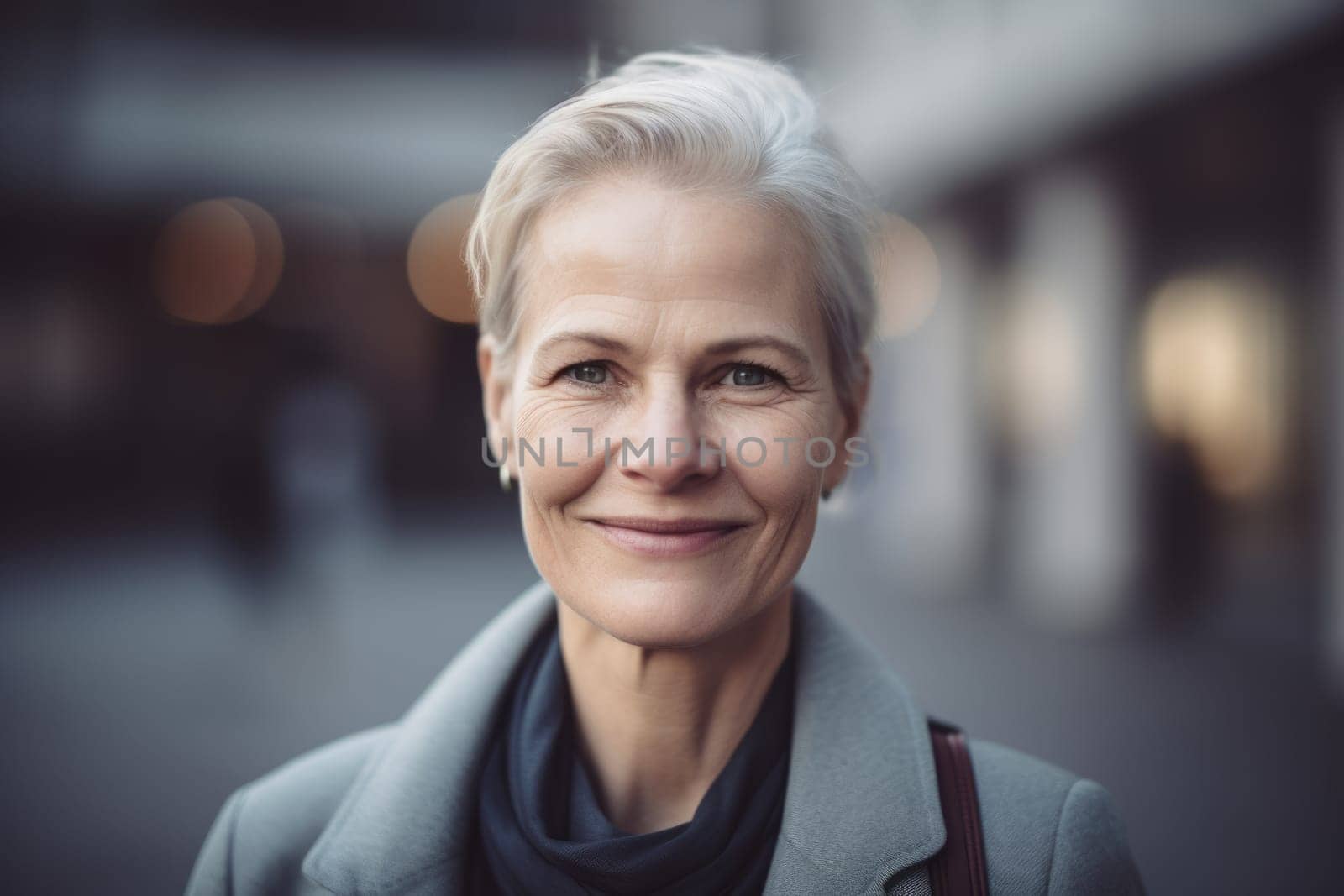 Mature smart swedish businesswoman, smiling face, standing in blur background of modern office building. Generative AI AIG20.