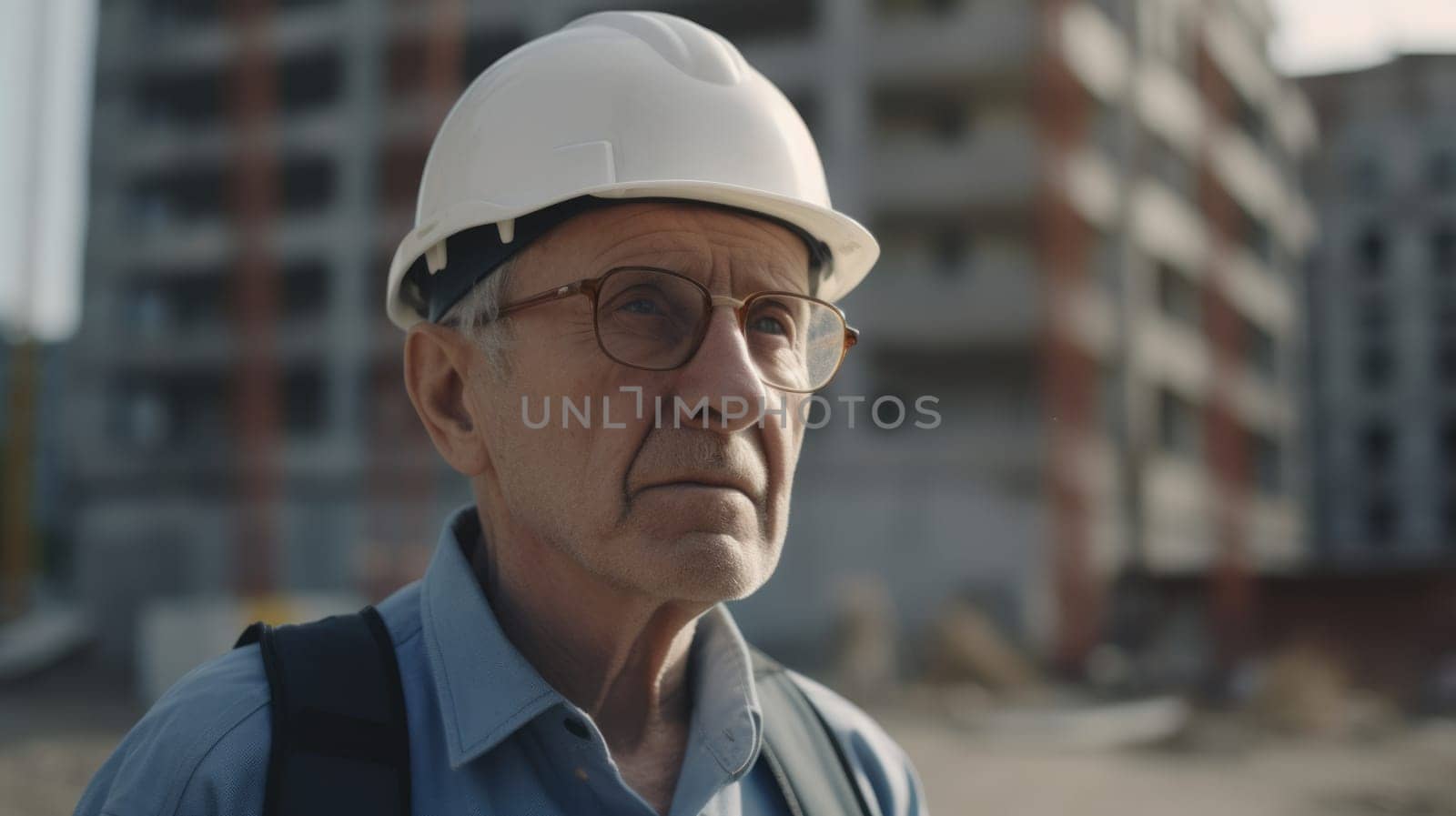 Senior male Caucasian civil engineer with determined face at construction site. Generative AI AIG21.