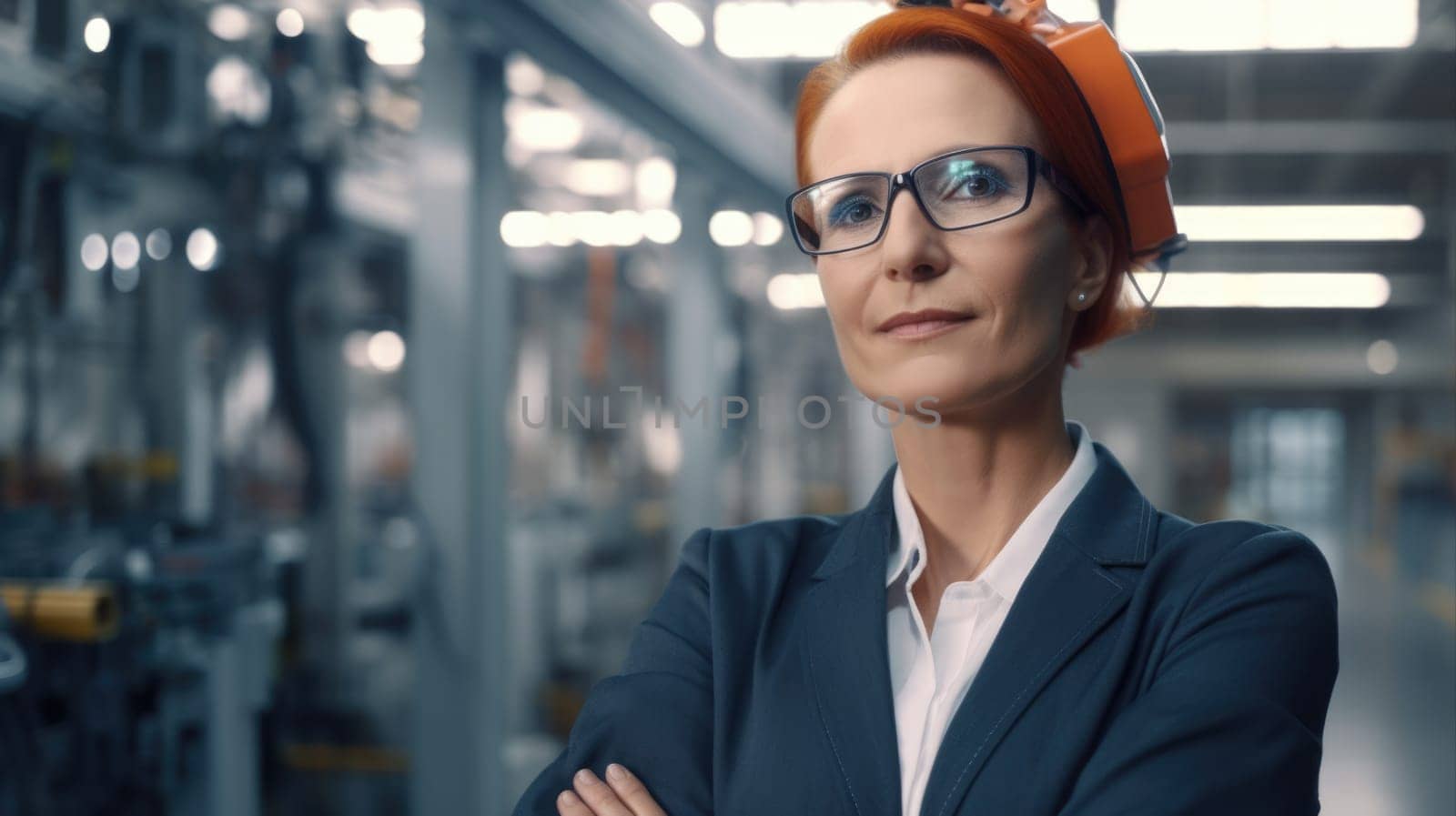 Engineer woman, smiling face, standing in blur background of smart factory with robotic arms. Generative AI AIG20.